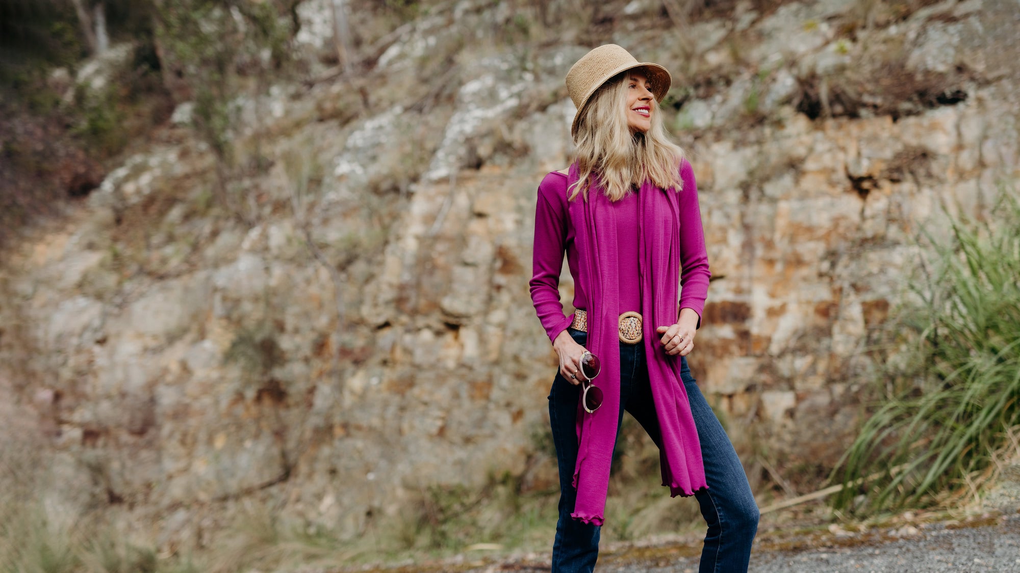 Holly standing outside wearing pink Smitten Merino layers