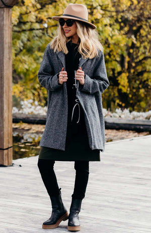 Graphite Herringbone merino wool coat with silk lining