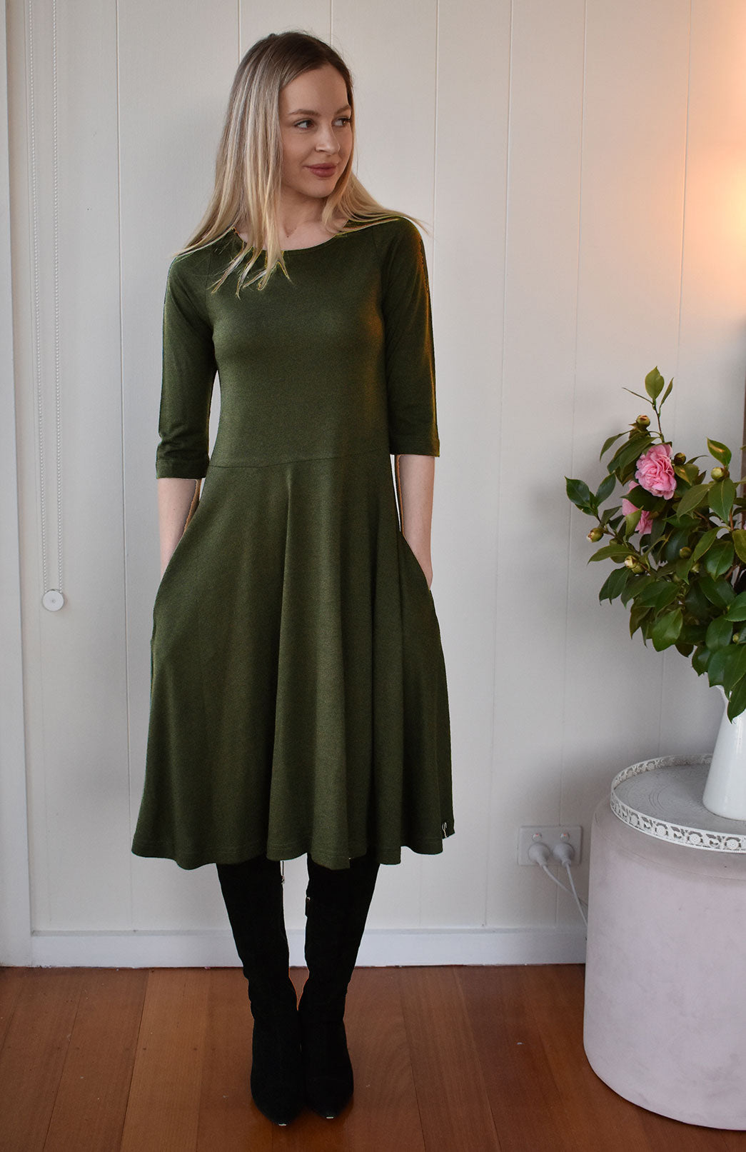 Kale Green Women&#39;s Merino Wool Fit and Flare Dress with 3/4 Sleeves
