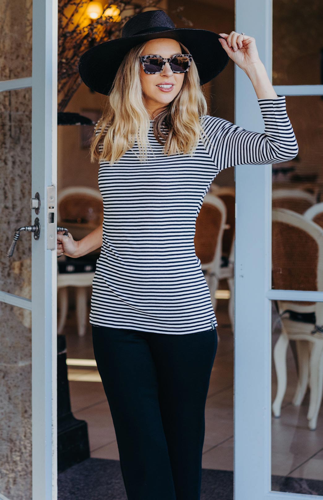 Black and White Stripe Women&#39;s Merino Wool Slit Neck Top with 7/8 Sleeves
