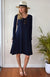 French Navy Blue Women&#39;s Merino Wool Swing Dress with Long Sleeves
