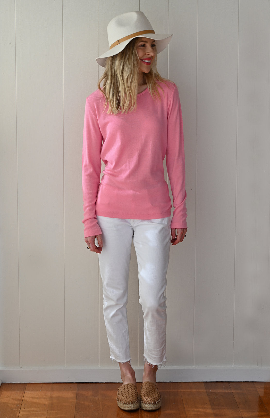 Carnation Pink Women&#39;s Merino Wool Long Sleeve Fashion &amp;amp; Layering Top

