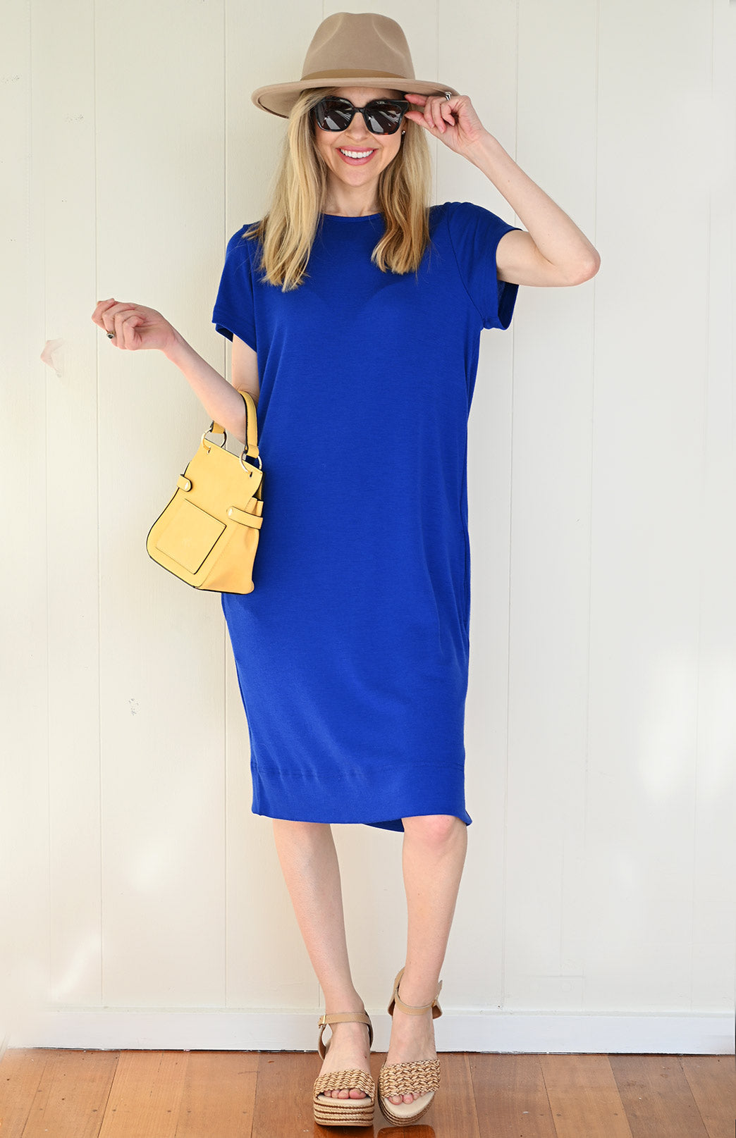 Sapphire Blue Women&#39;s Merino Wool Shift Dress with Short Sleeves
