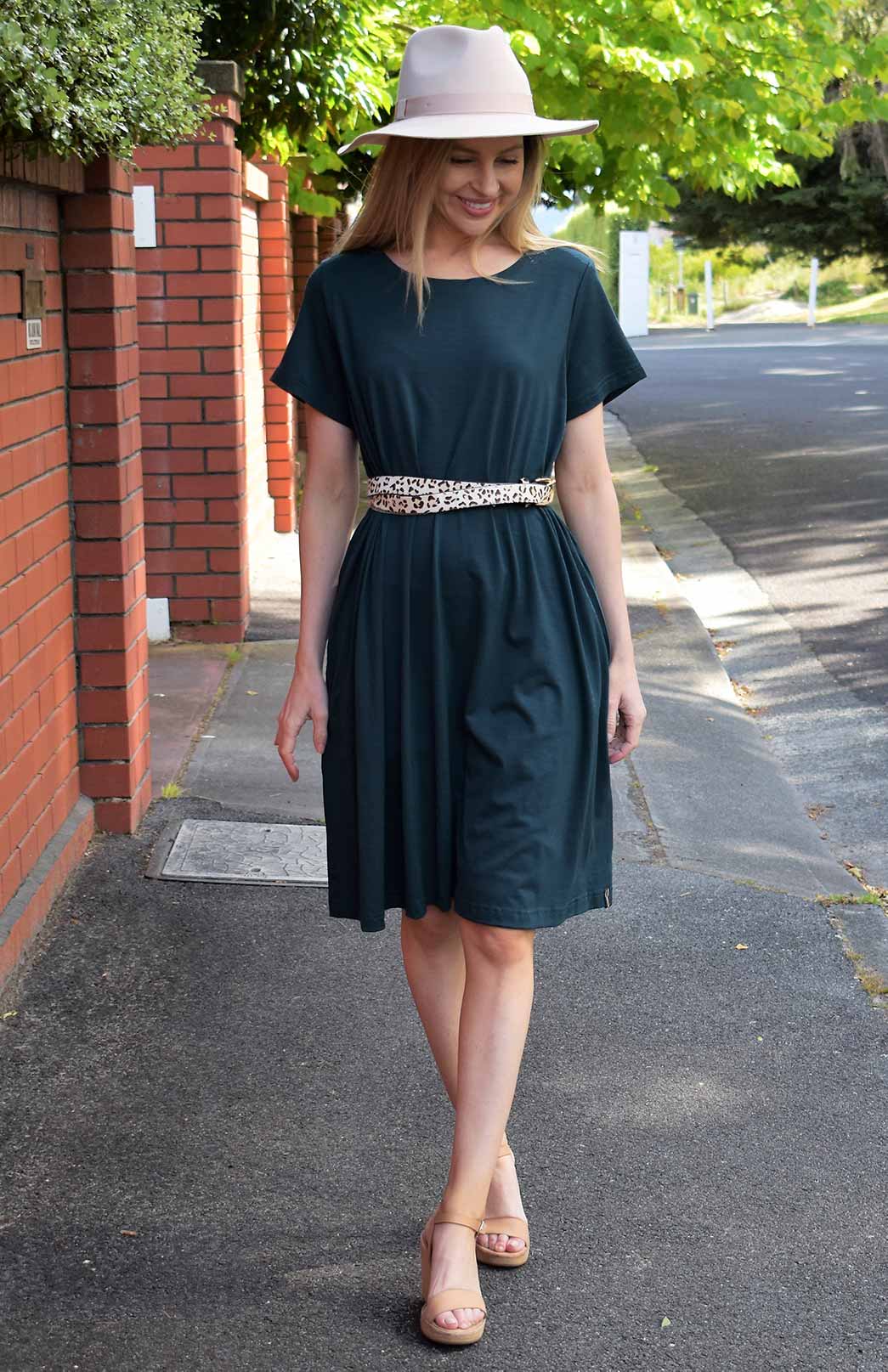Deep Sea Green Women&#39;s Merino Wool Loose Fit Dress with Short Sleeves and Side Pockets
