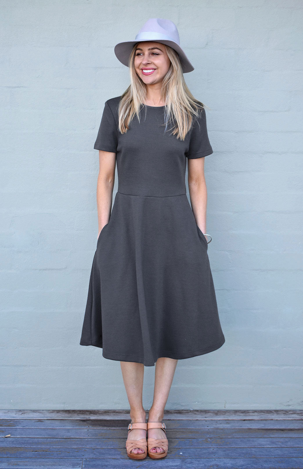 Steel Grey Women&#39;s Merino Wool Short Sleeve Trans-seasonal Dress
