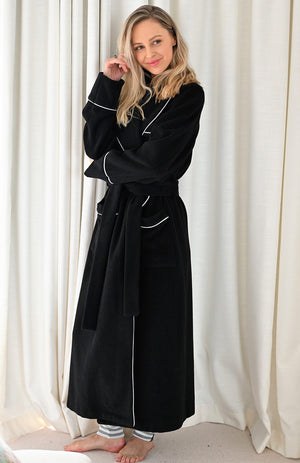 Black merino wool & cashmere dressing gown with white piping