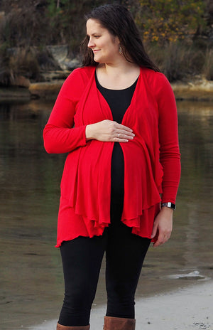 Red Merino Wool Long Sleeve Wrap Around Cardigan