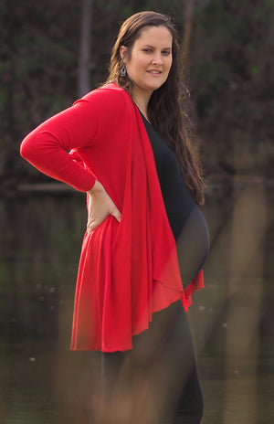 Red Maternity Merino Wool Long Sleeve Wrap Around Cardigan