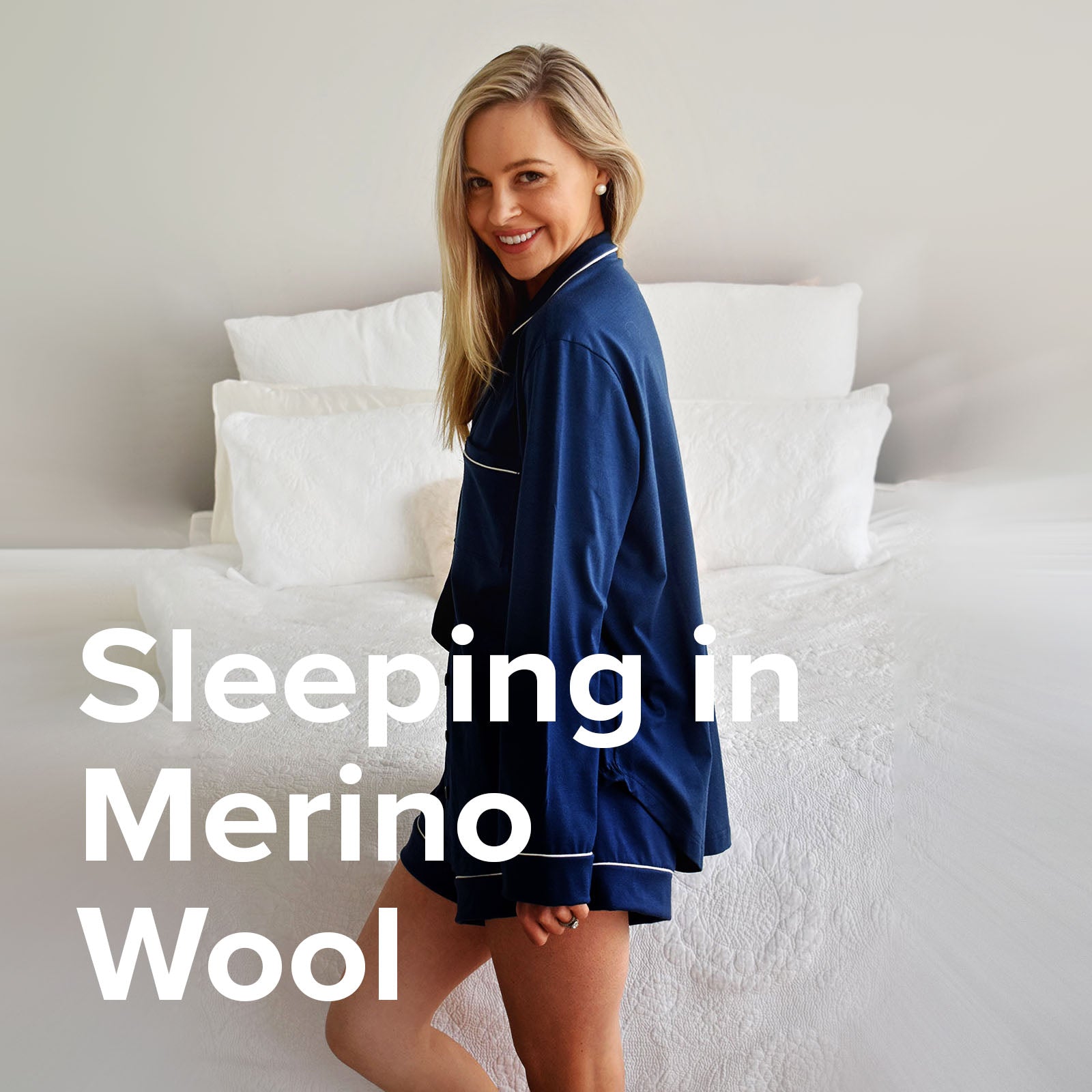 Our model wearing merino pyjamas
