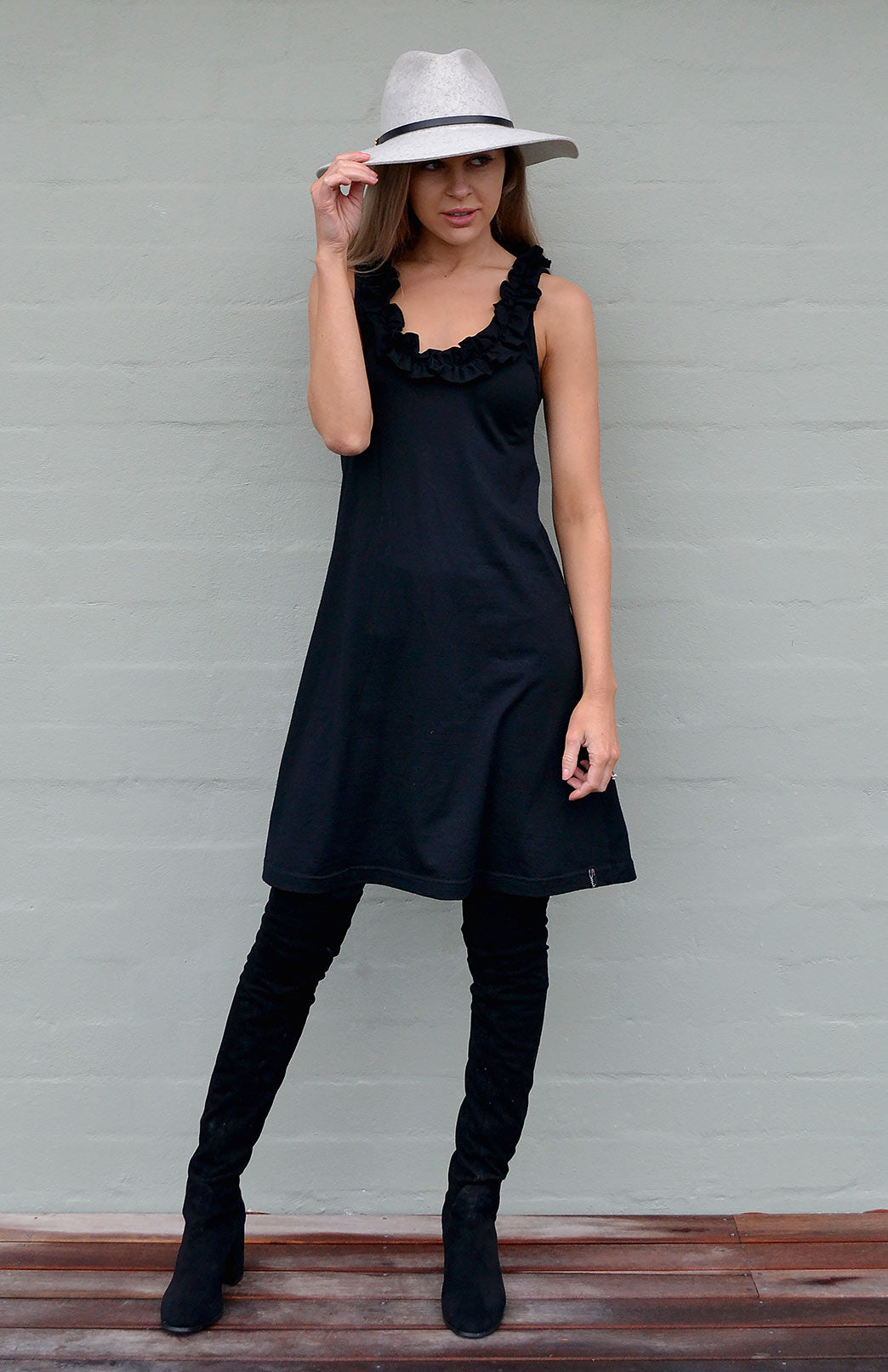 Black Women's Sleeveless Merino Wool Swing Dress with Ruffle Detail
