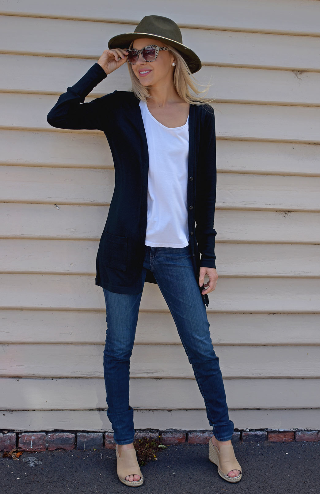 Black Women's Merino Wool Long Boyfriend Cardigan with Buttons