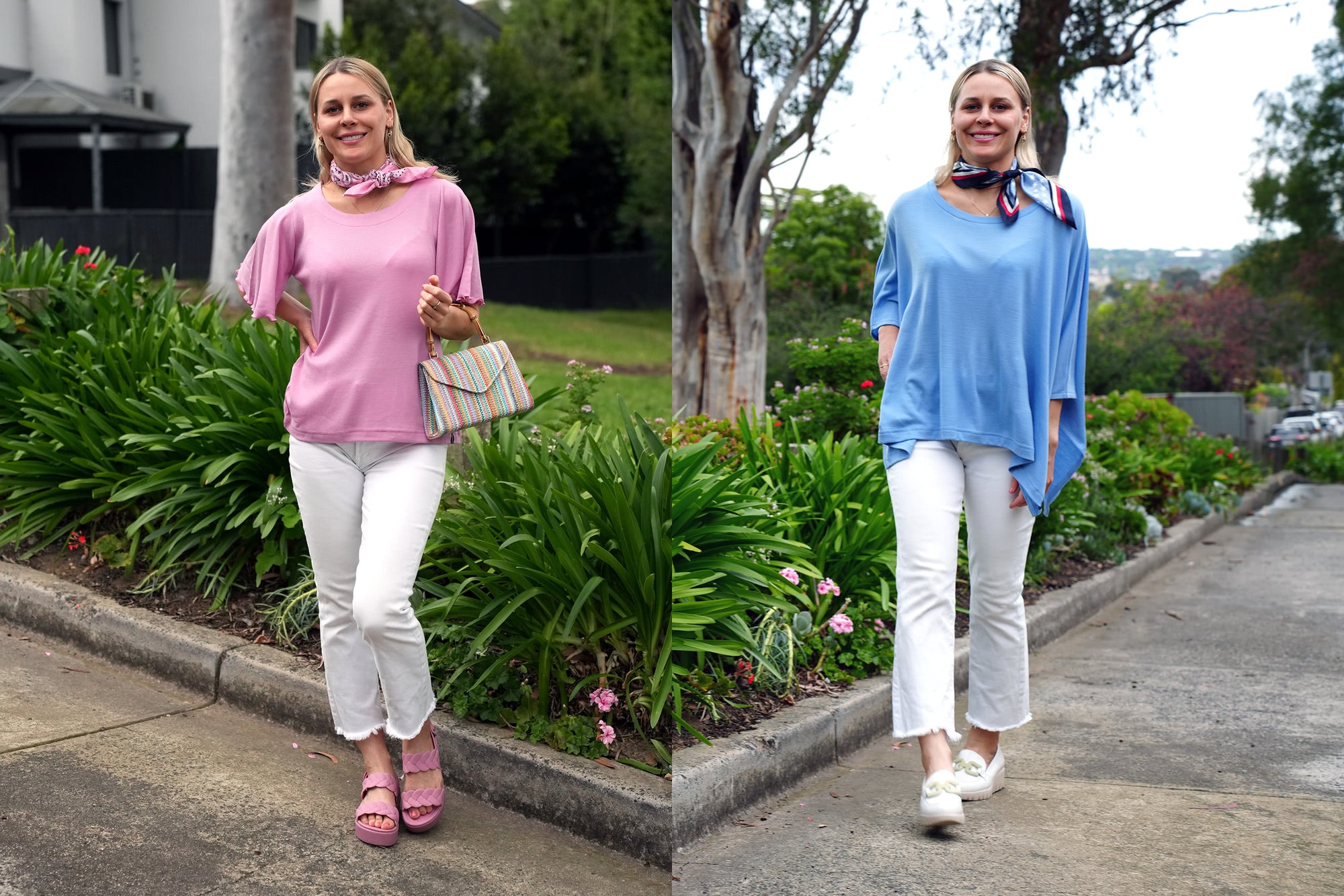 Two women walking outdoors, one in a pink top and white pants, the other in a blue top and white pants, with a garden and trees in the background.