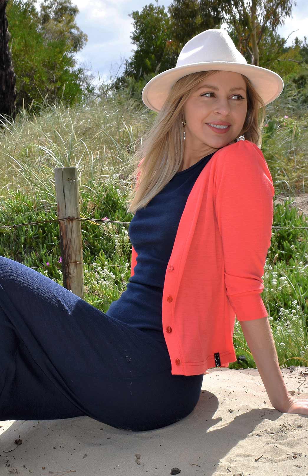 Summer Coral Women&#39;s Merino Wool Crop Cardigan with 3/4 Sleeves
