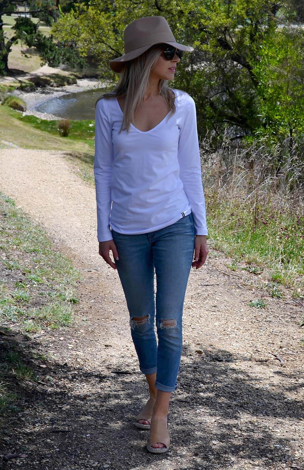 Crisp White Women's Organic Cotton Long Sleeve Top with V Neckline
