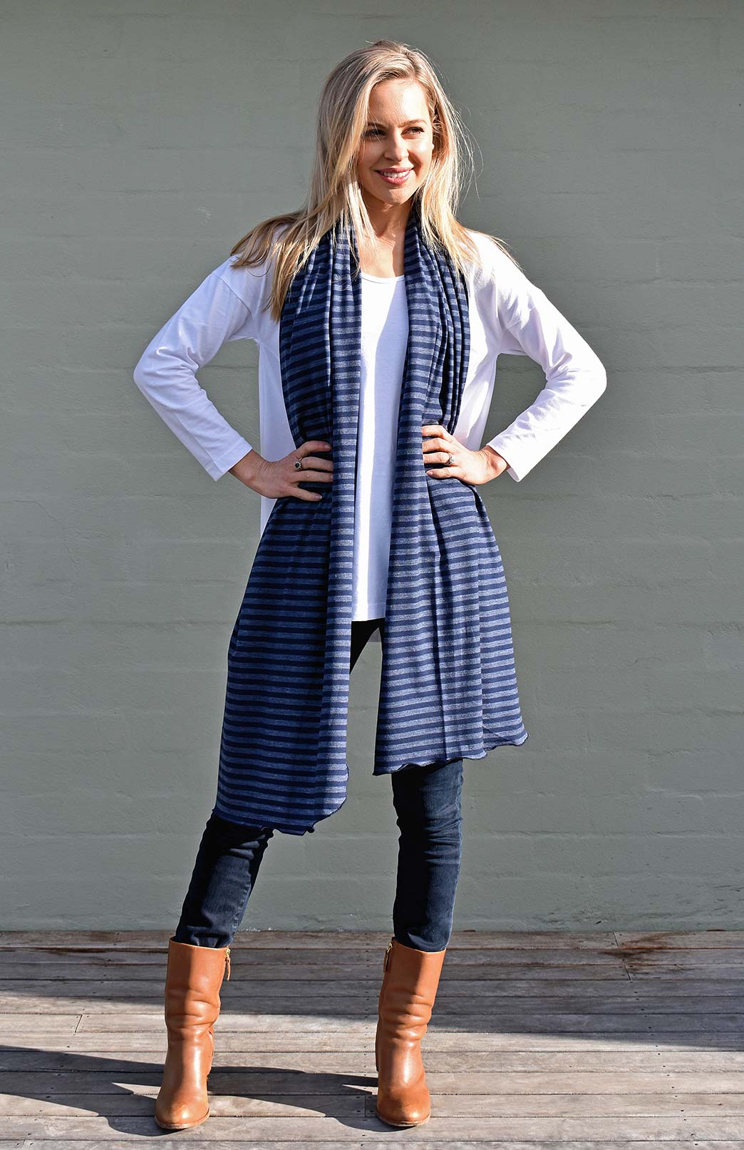 Indigo Stripe  Women's Merino Wool Wide Striped Scarf