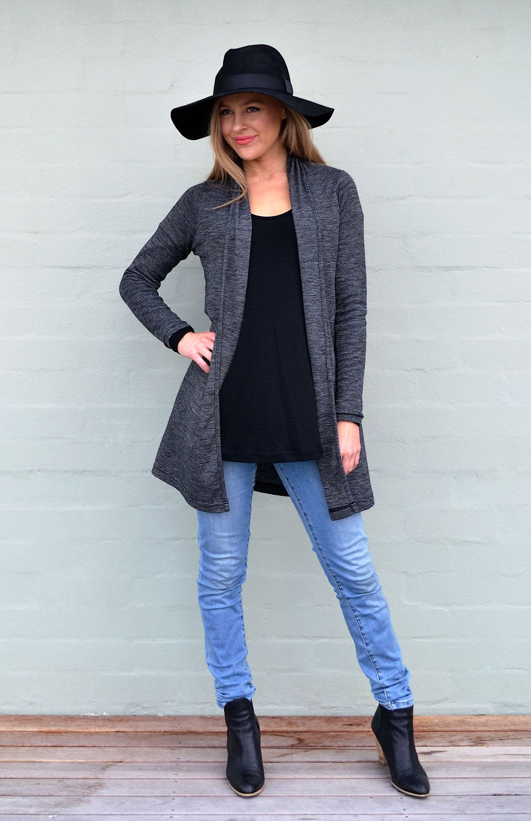 Black Pinstripe Women's Merino Wool Drape Cardigan