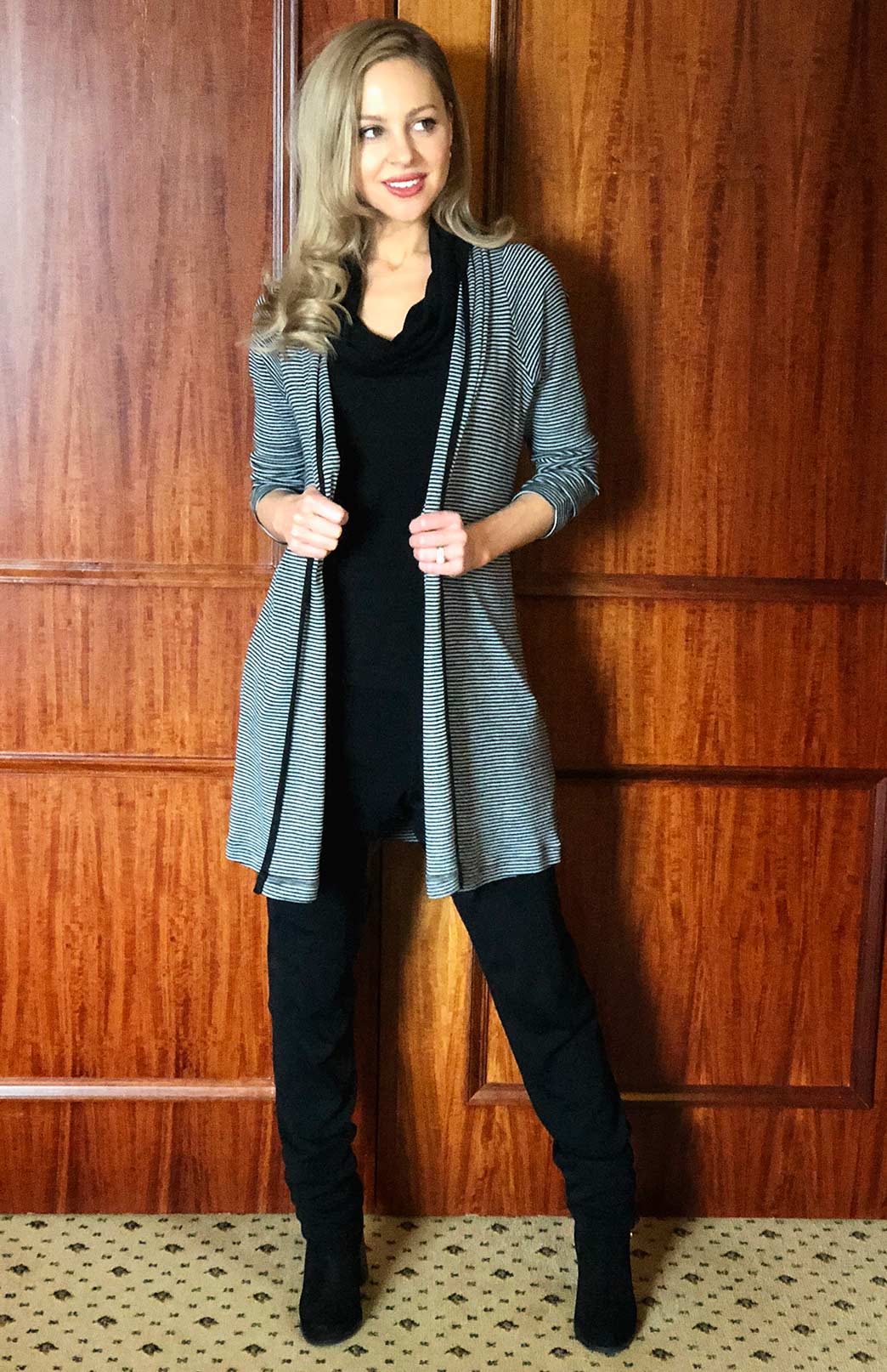 Black White Fine Stripe Women's Merino Wool Drape Cardigan