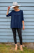 French Navy Blue Women&#39;s Merino Wool Flutter Top with 3/4 Sleeves
