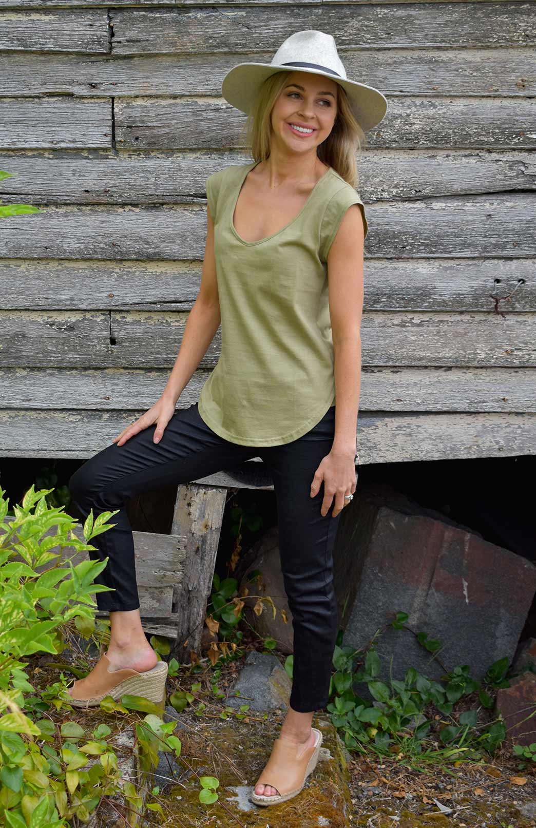 Khaki Green Women's Organic Cotton Cap Sleeve Fashion T-Shirt