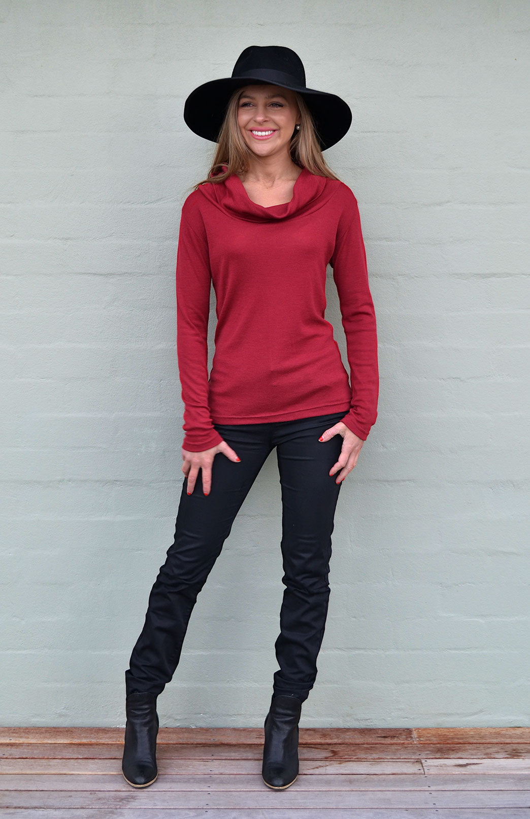 Burgundy Women's Merino Wool Cowl Neck Top with Long Sleeves