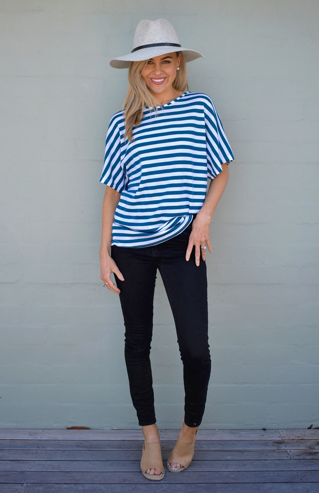 Teal Ivory Stripe Women's Merino Wool Loose-Fit Tunic