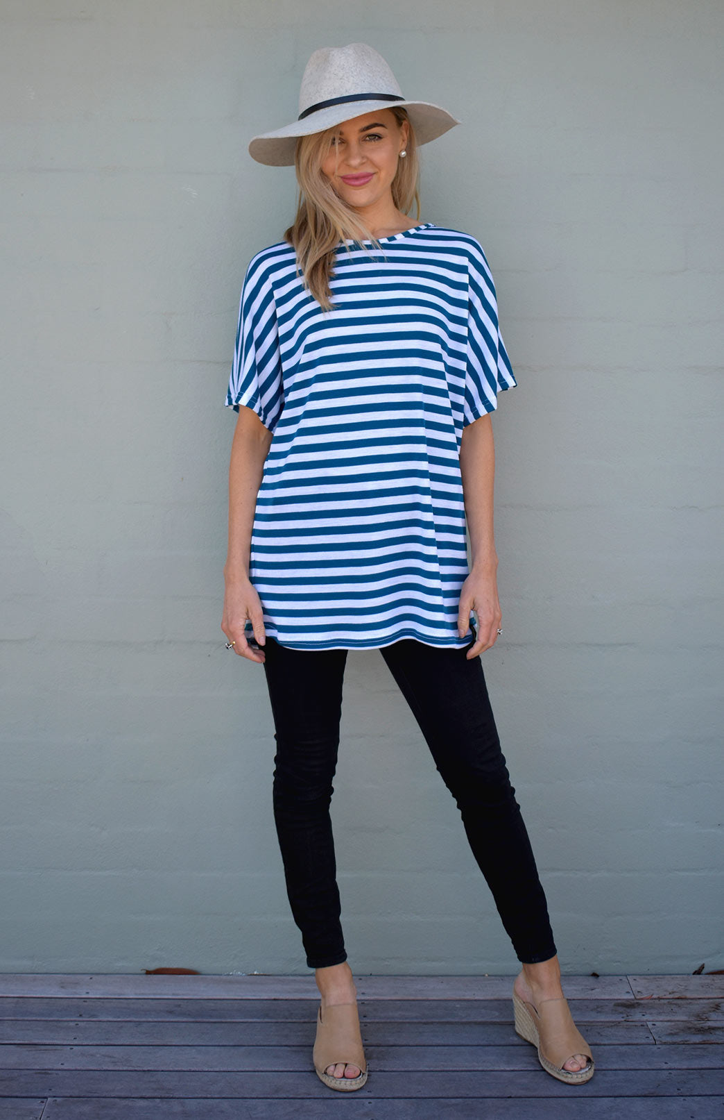 Teal Ivory Stripe Women's Merino Wool Loose-Fit Tunic
