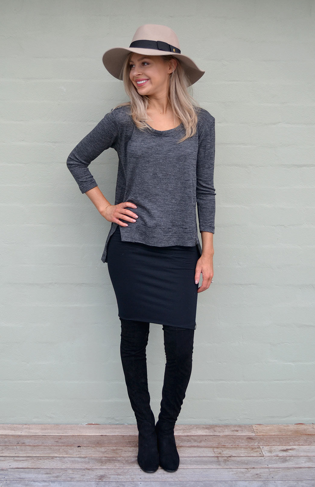 Black Pinstripe Women's Merino Wool High-Low Top with 3/4 Sleeves
