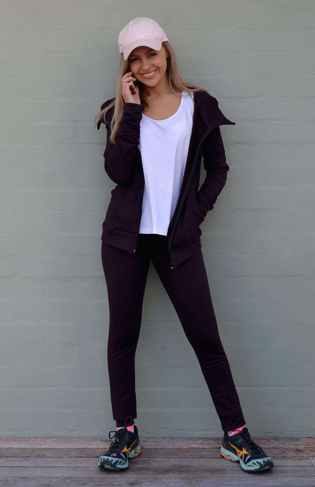 Plum Purple Women's Merino Wool 270gsm Fleece Elastic Waist Thermal Winter Leggings &amp; Yoga Pants 