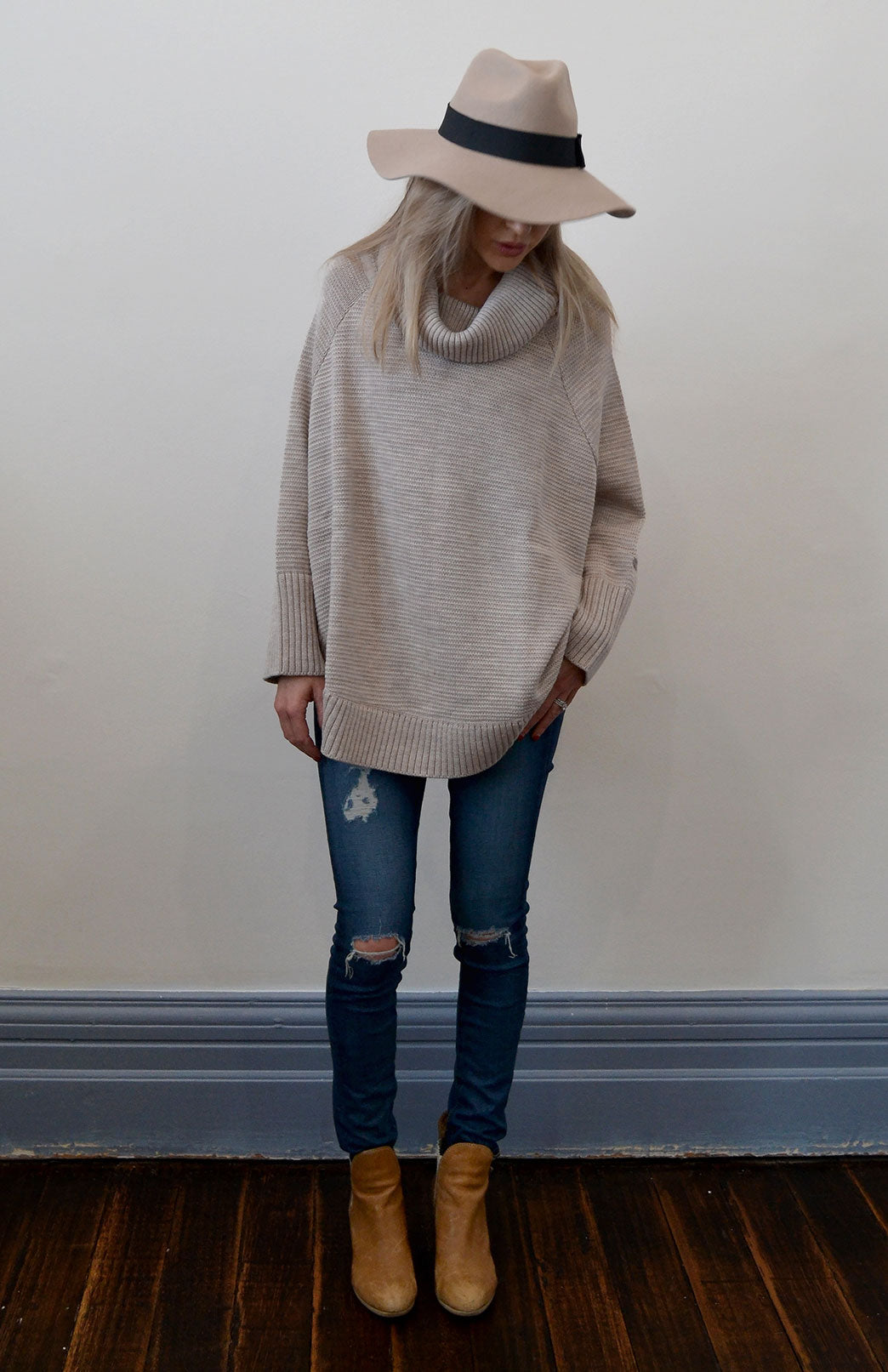 Oatmeal Women's Merino Wool Chunky Knit Poncho with Sleeves