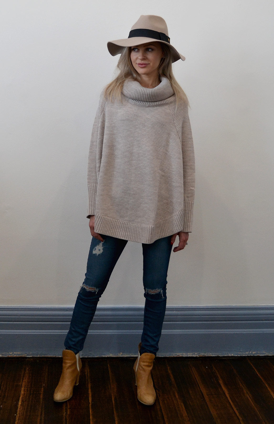 Oatmeal Women's Merino Wool Chunky Knit Poncho with Sleeves