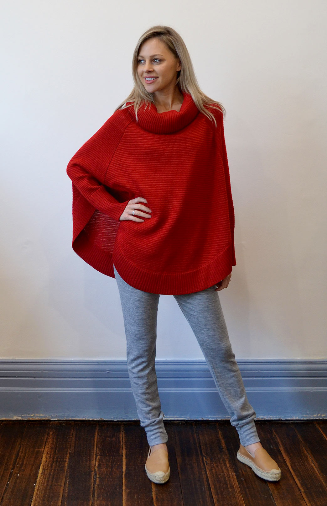 Red Women's Merino Wool Chunky Knit Poncho with Sleeves
