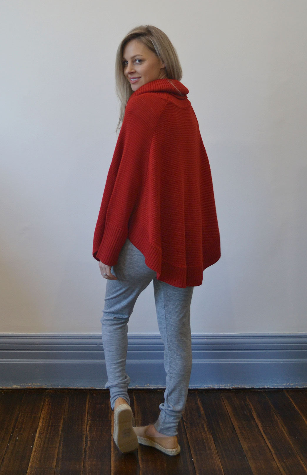 Red Women's Merino Wool Chunky Knit Poncho with Sleeves