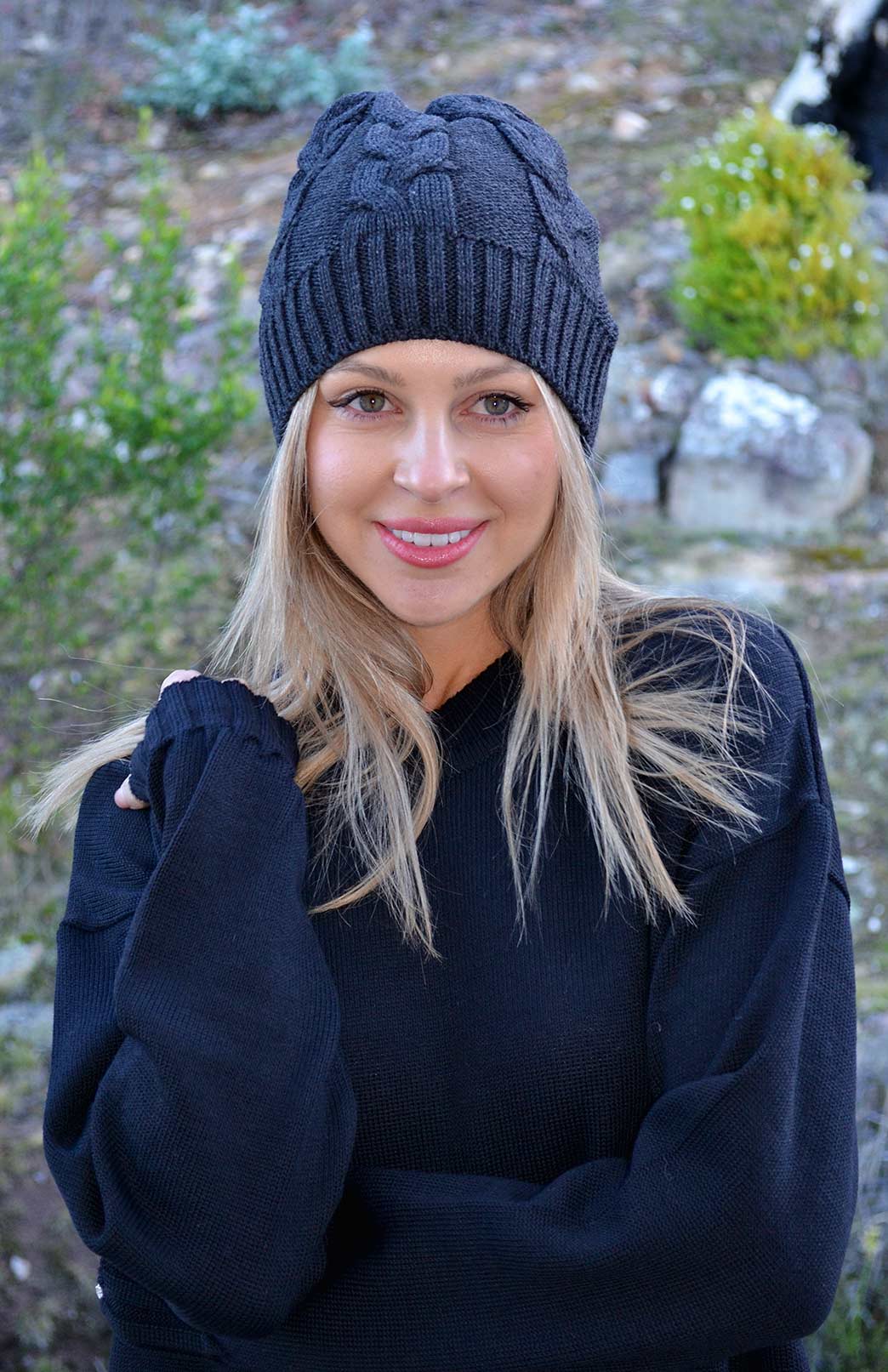 Charcoal Merino Wool Cable Knit Beanie