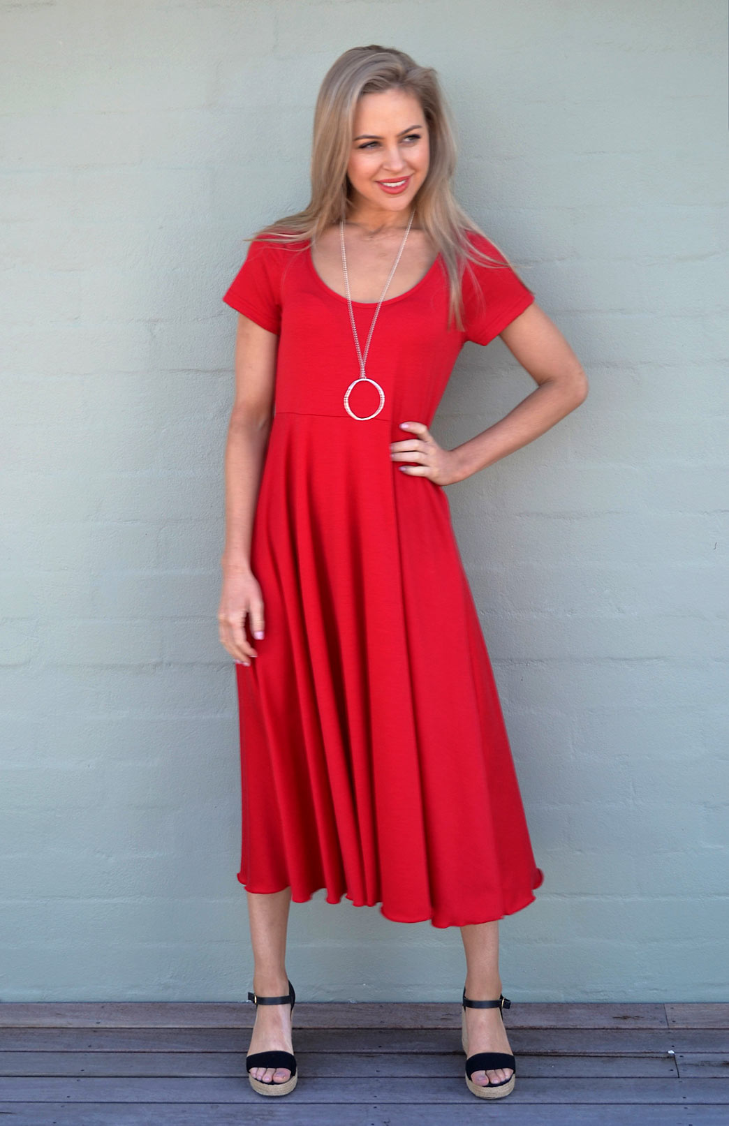 Flame Red Women's Merino Wool Short Sleeve Dress