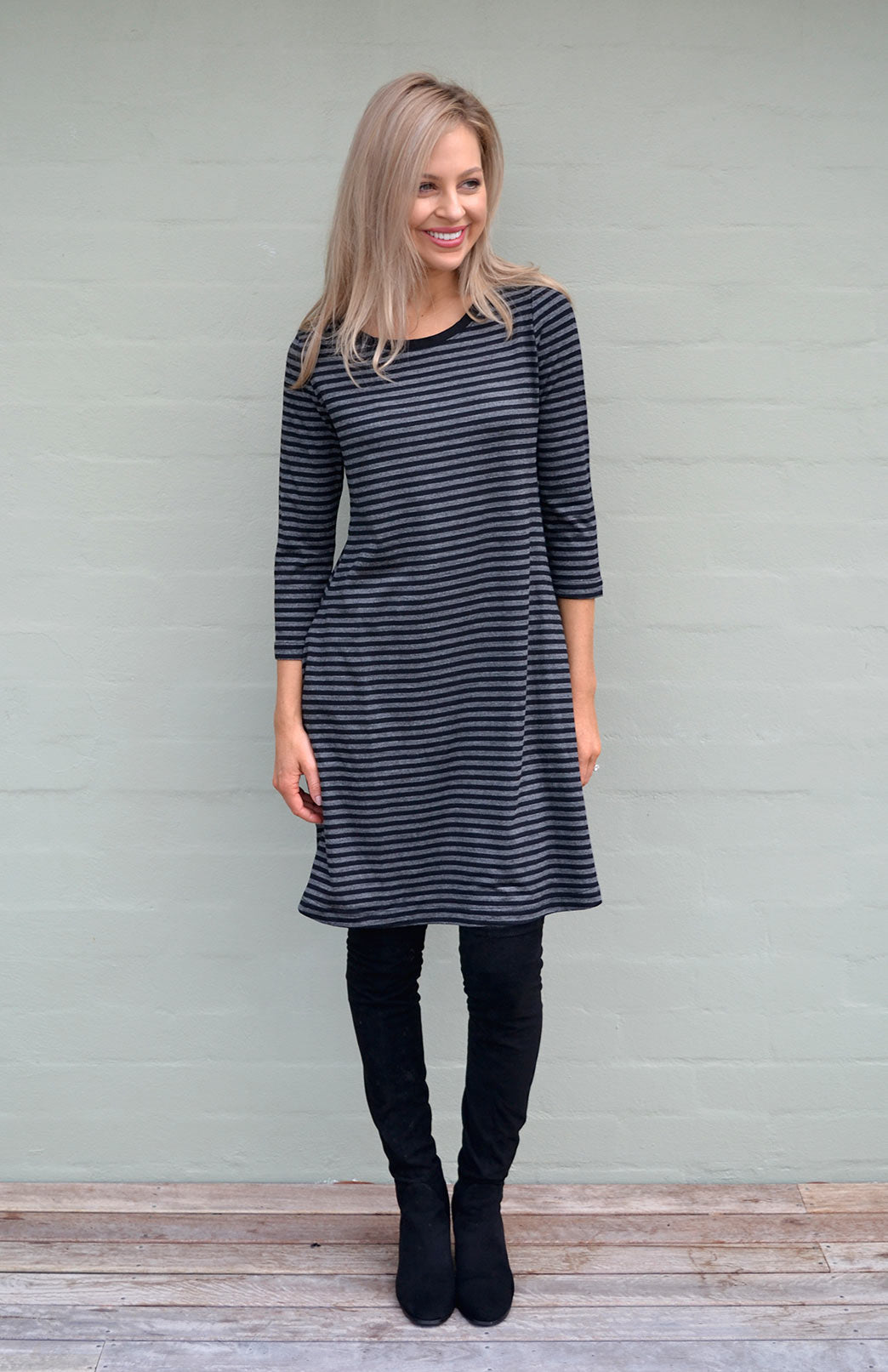 Black Grey Stripe Women's Merino Wool Swing Dress

