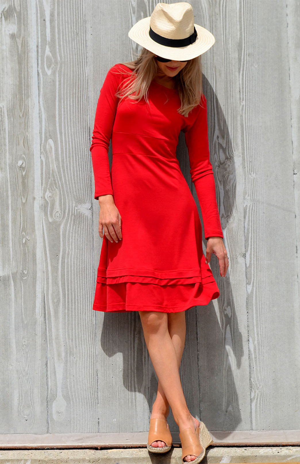 Flame Red Women's Merino Wool Long Sleeve Fitted Dress