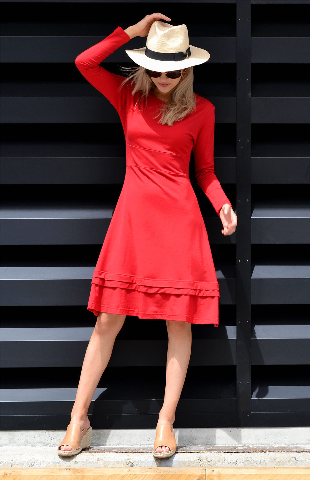 Flame Red Women's Merino Wool Long Sleeve Fitted Dress
