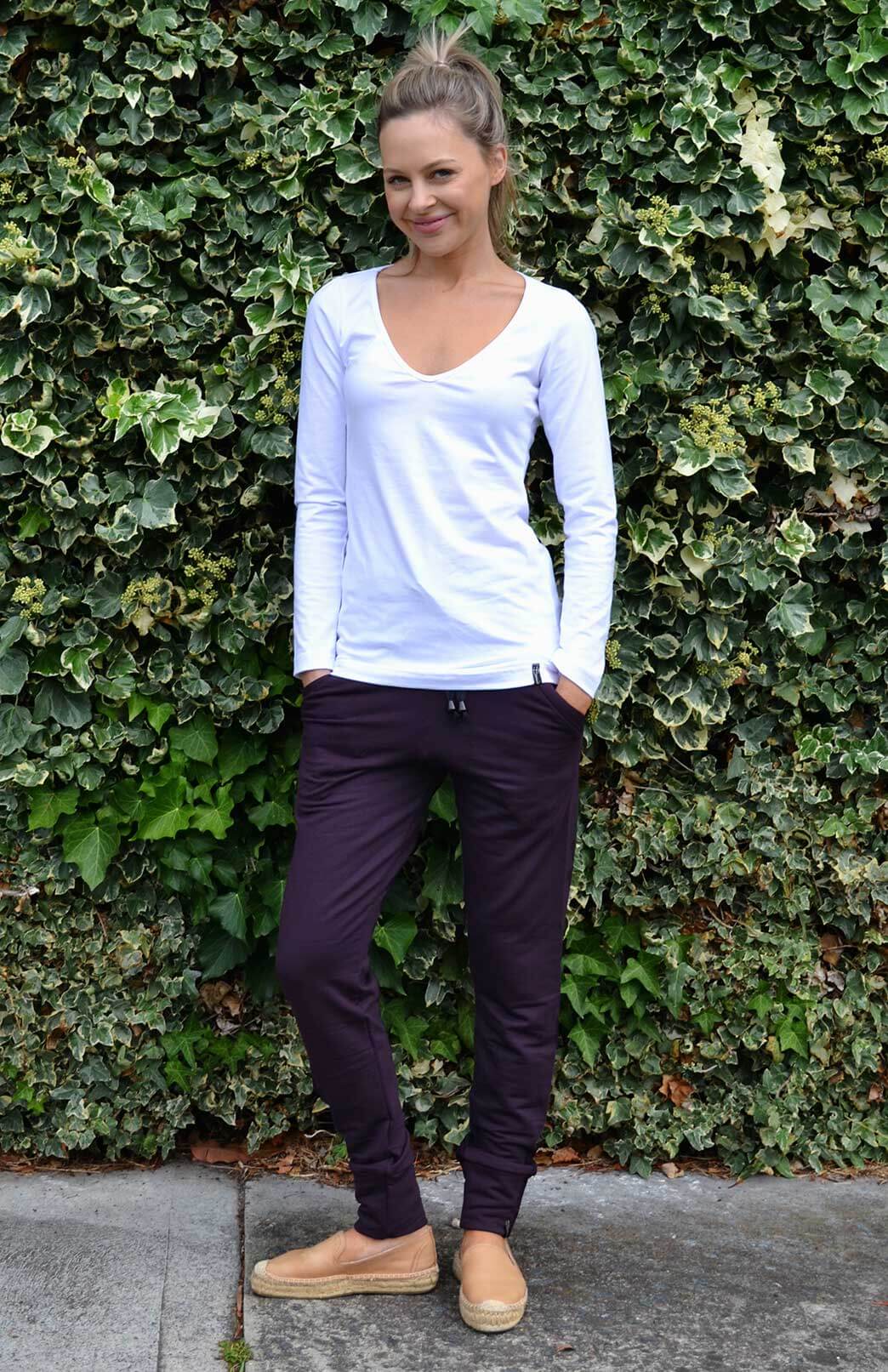 Aubergine Purple Women's Merino Wool Fleece Lounge Pants &amp; Yoga Pants 