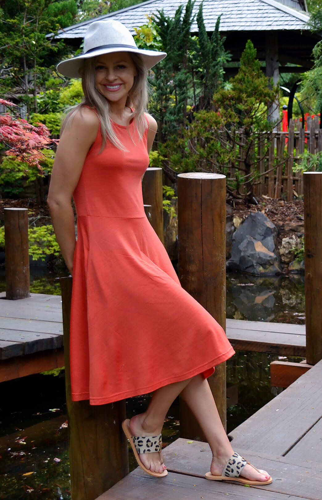 Burnt Orange Women's Merino Wool Fit and Flare Dress - Sleeveless