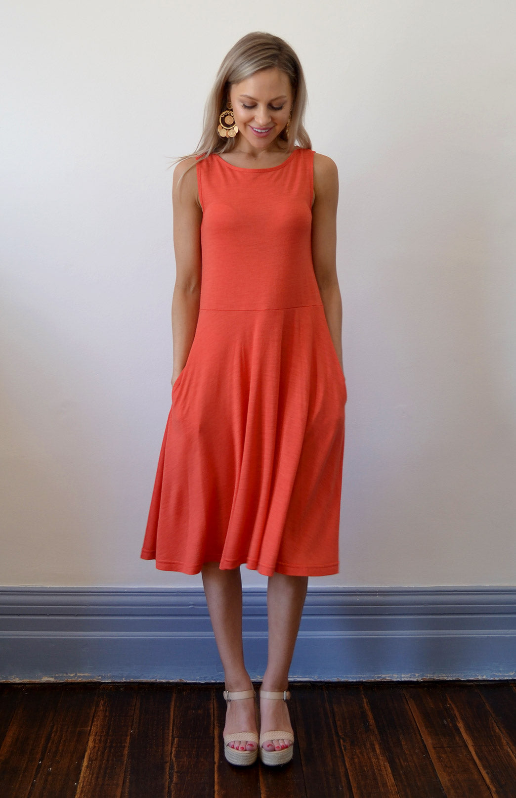 Burnt Orange Women's Merino Wool Fit and Flare Dress - Sleeveless