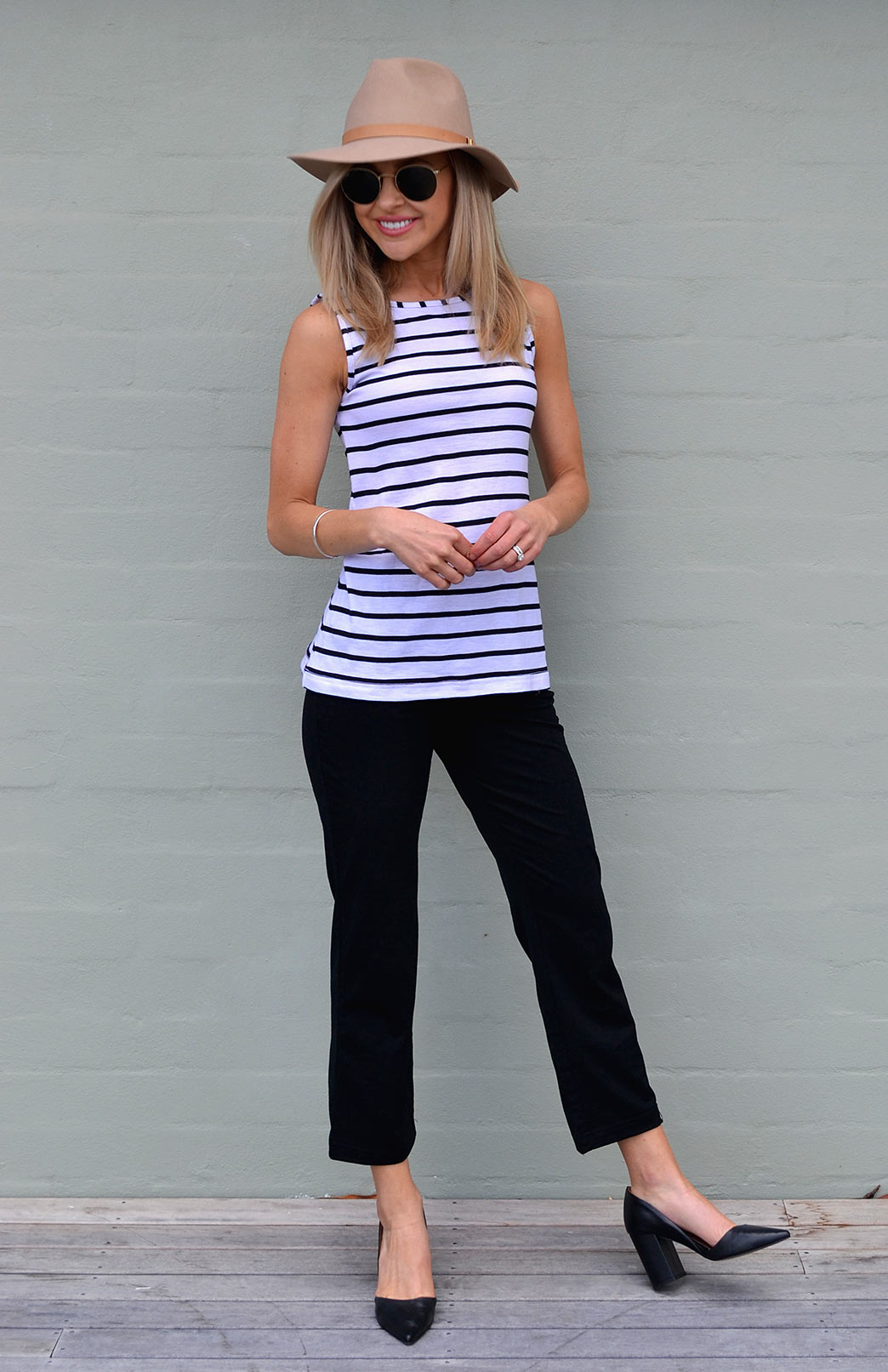 White & Black French Stripe Women's Merino Wool Sleeveless Capri Top