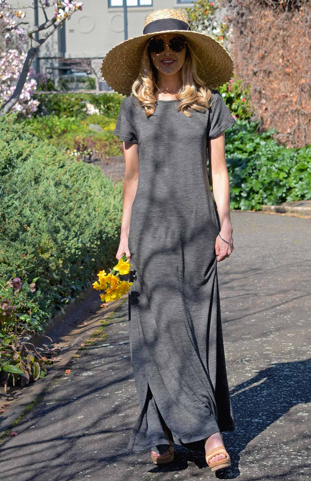 Black Pinstripe Women&#39;s Merino Wool Rib Maxi Dress with Side Split
