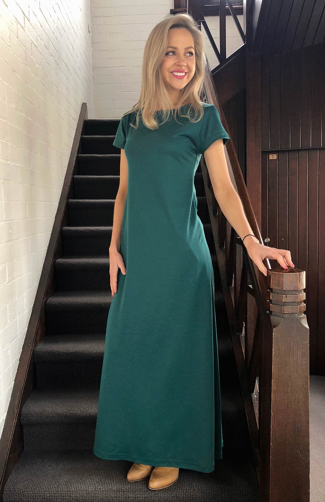 Emerald Green Women&#39;s Merino Wool Maxi Dress with Side Split
