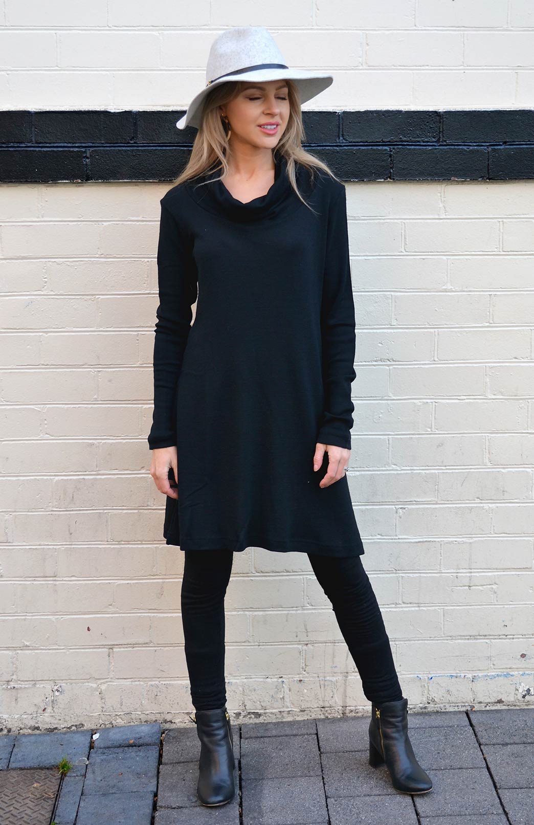 Black Women's Merino Wool Heavyweight Rib Long Sleeve Swing Dress with Cowl Neckline