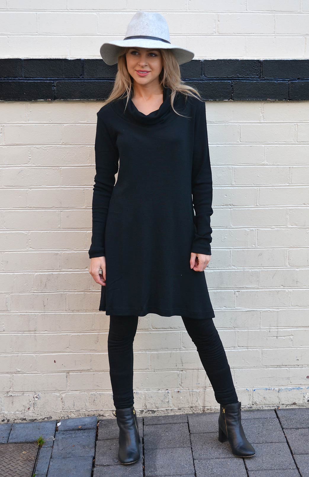 Black Women's Merino Wool Heavyweight Rib Long Sleeve Swing Dress with Cowl Neckline