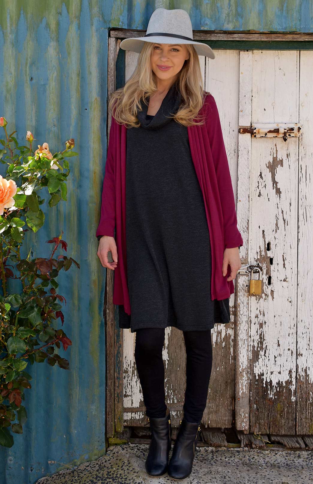 Charcoal Marl Women's Merino Wool Heavyweight Rib Long Sleeve Swing Dress with Cowl Neckline
