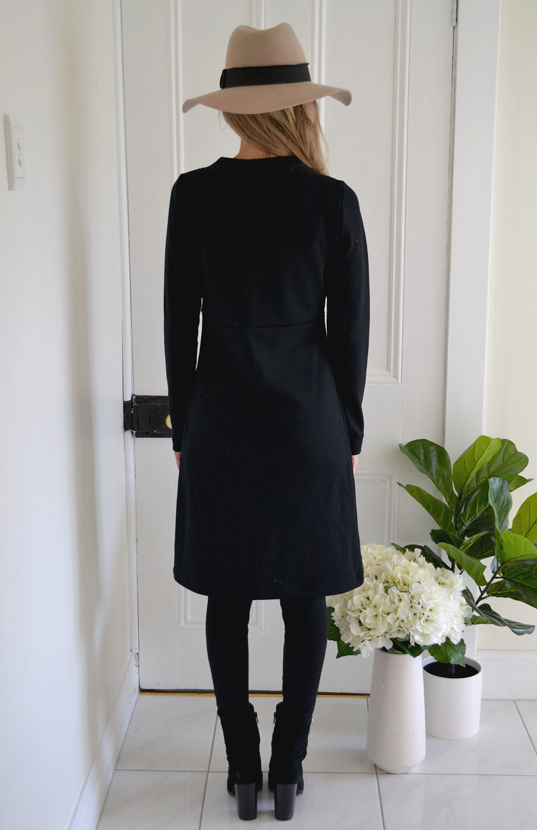 Black Women's Merino Wool Straight Dress with Long Sleeves