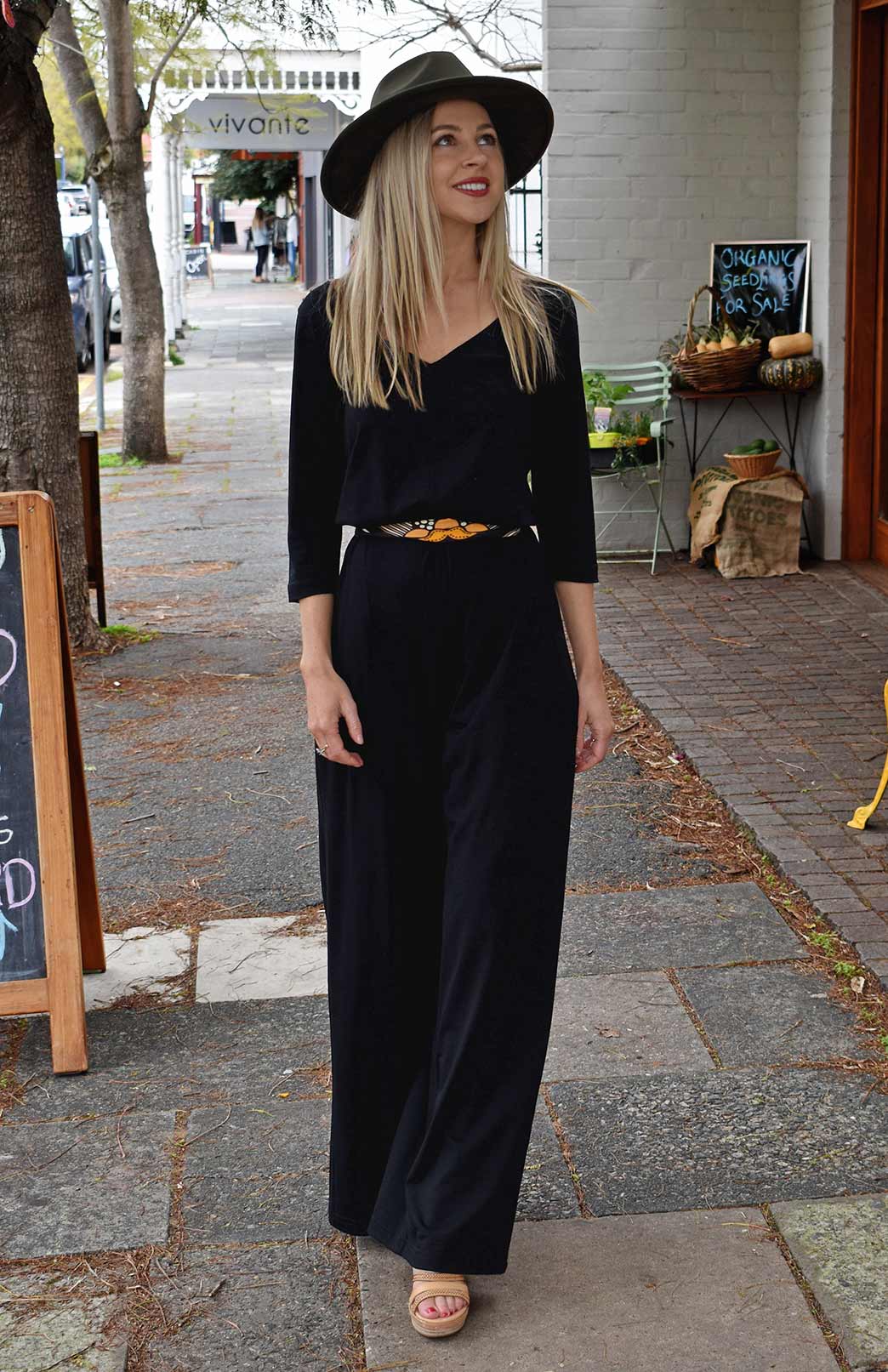 Black Women&#39;s Merino Wool 3/4 Sleeve Jumpsuit

