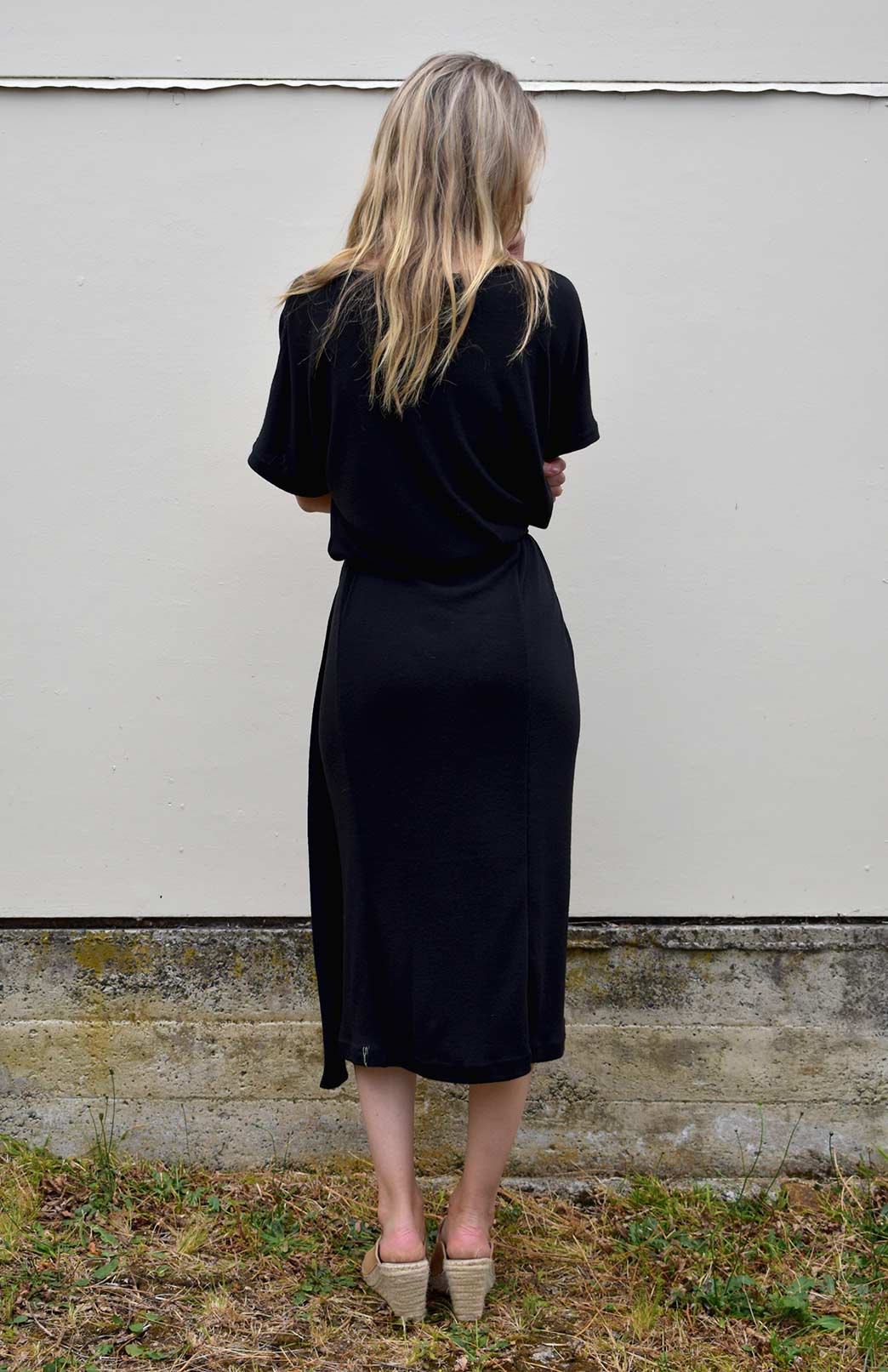 Black Women's Merino Wool Loose Fit Dress with Waist Tie