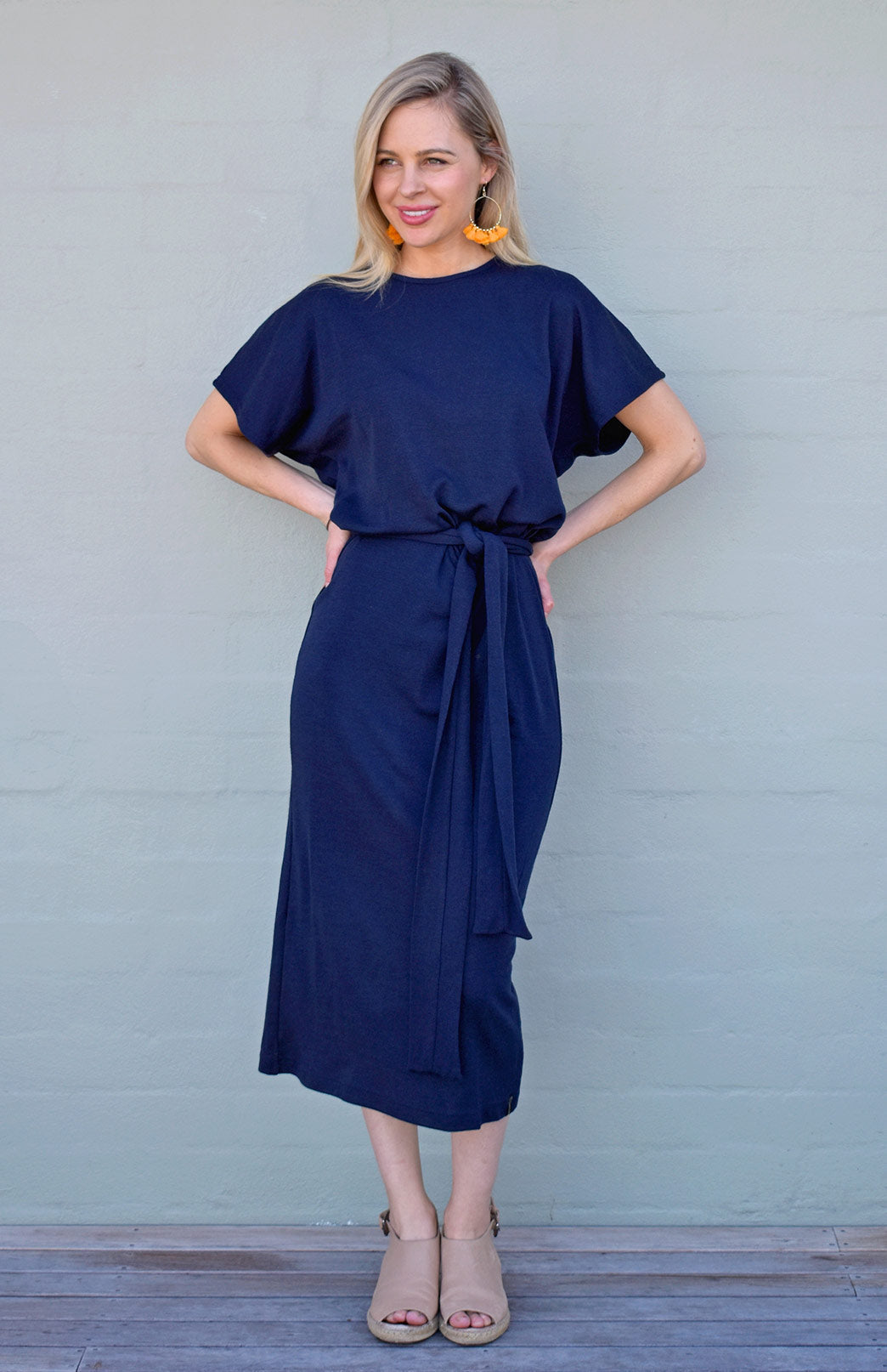 French Navy Blue Women's Merino Wool Loose Fit Dress with Waist Tie

